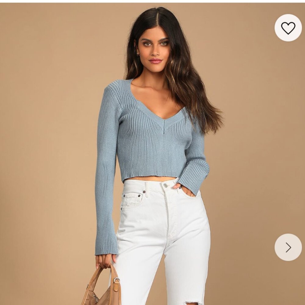 Always Delighted Light Blue Ribbed Knit V-Neck Cropped Sweater Lulus